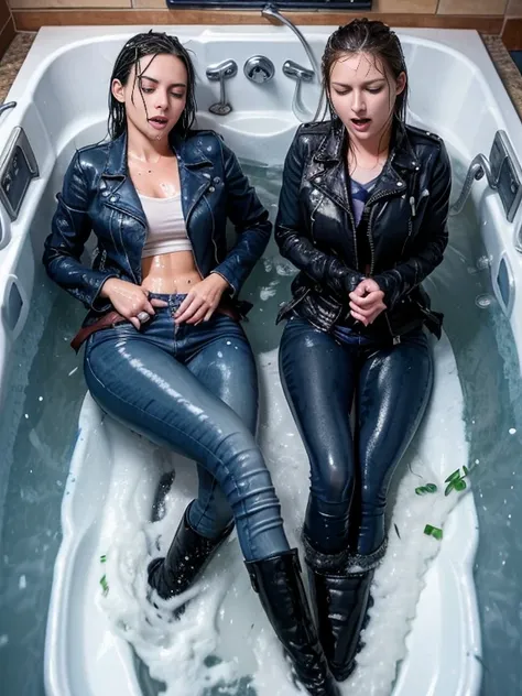 two women bathing in skinny jeans and black leather jacket and high heel boots, ((navy blue skinny jeans)), soaked, wet clothes,...