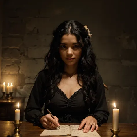 I want a woman sitting on her back, black wavy hair with lots of candles around with the dark room writing with a bird feather and an old Regency era paper