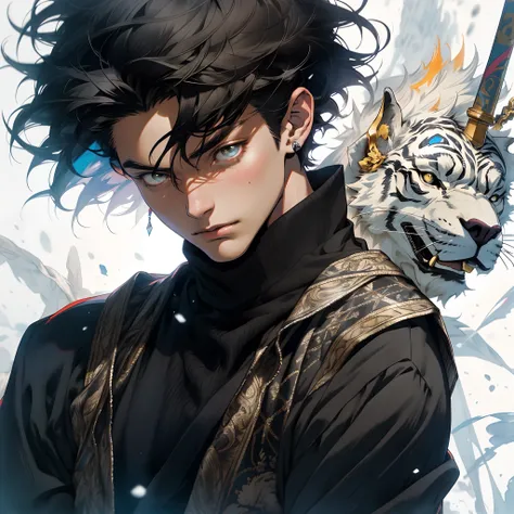 Realistic, (masterpiece, top quality, best quality, official art), very detailed, colorful, most detailed, gods, short hair, black hair, (magic), handsome man, snowflake, silver wolf