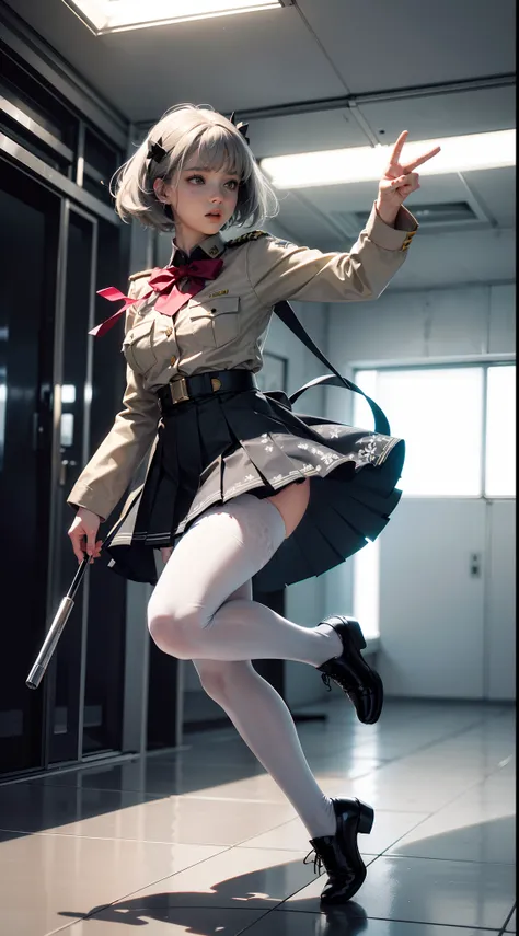 (full bodyesbian:1.5)，(1girll:1.3),(view the viewer:1.4)，(anatomy correct:1.3)，(A heavenly day:1.3),(Wearing thick printed pantyhose and a World War German style JK uniform printed pleated skirt and JK uniform leather shoes with bow embellishments :1.3), (...