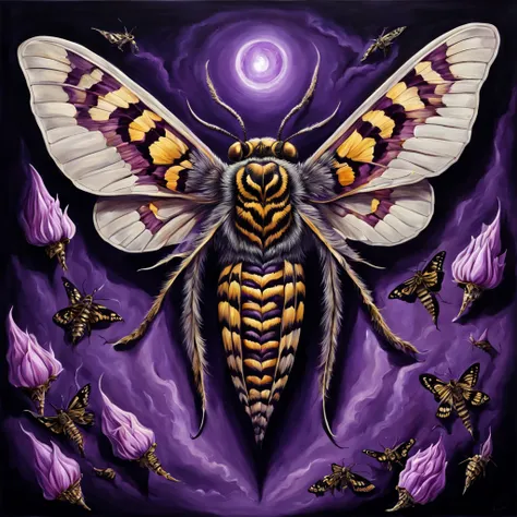 deaths head Moth glowing eerie purple putting a curse on the world, razor sharp nails floating around, in anamorphosis painting art style, masterpiece, best quality, background darkness