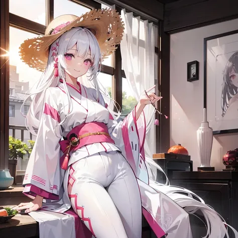 (HDR,UHD,ultra-detailed),a girl with (bright pink eyes, white flare pants, white kimono, straw hat, long white hair, smiling seductively) inside a sun lit apartment dorm.