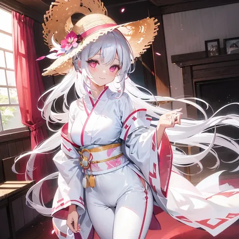 (HDR,UHD,ultra-detailed),a girl with (bright pink eyes, white flare pants, white kimono, straw hat, long white hair, smiling seductively) inside a sun lit apartment dorm.