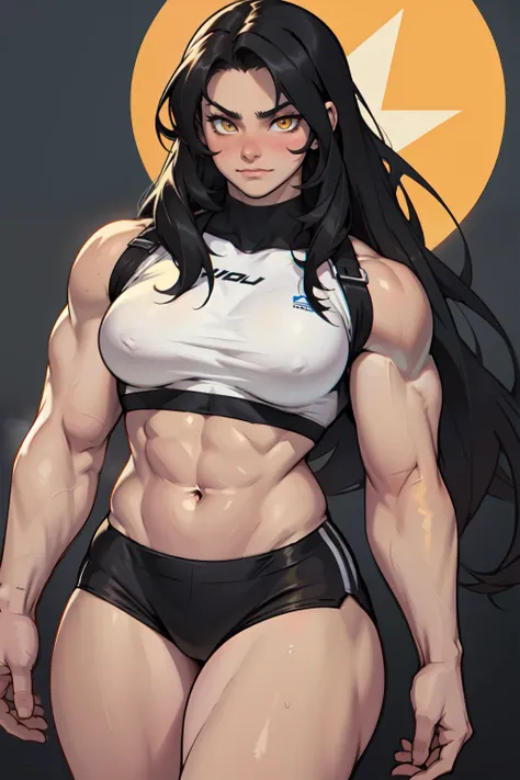 ((1girl)) pale skin large breasts (muscular) toned body thick thighs black hair yellow eyes (long hair) bodybuilder blushing (seductive expression) best quality perfect anatomy crop top