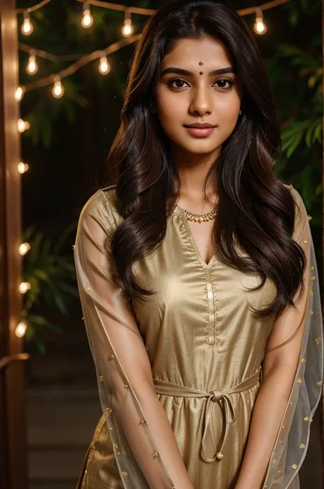 Beautiful ,23 years young girl,confident looking,8k,realistic,dark brown hair,fair skin, indian,long hair,clear facial features, wearing dupatta and kurti, in instagram poses, Diwali theme