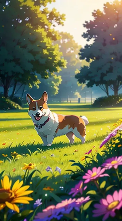 Close-up of a corgi dog at Sunshine Park，clean back ground，depth of fields，Large aperture，photography of，butterflys，Volume Fog，Halo，florals，Dramatic atmosphere，at centre，The Rule of Thirds，200mm 1.4F macro photography