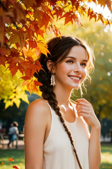 gros-plan, Beautiful woman in thumb art style, In the park of orange leaves , By Jeremy Mann, By Sandra Chevrier, Dave McKean、by Richard Avedon、by maciej kuciara, White tank top and jeans, detaileds, 8K、With smiling eyes、Curly hair in braids、