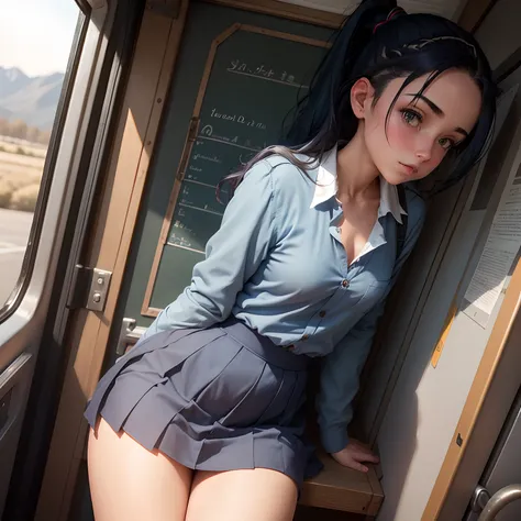 1girl in, Solo, Laura S. Alceid (long dark blue hair, Ponytail and side van, small tit), (Inspired by the trail of cold steel) In a school dress showing off her panties, In military schools, embarrassed