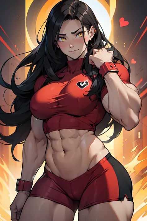 ((1girl)) pale skin large breasts (muscular) toned body thick thighs black hair yellow eyes (long hair) bodybuilder tight red shirt blushing (heart seductive expression) best quality hair flaps perfect anatomy