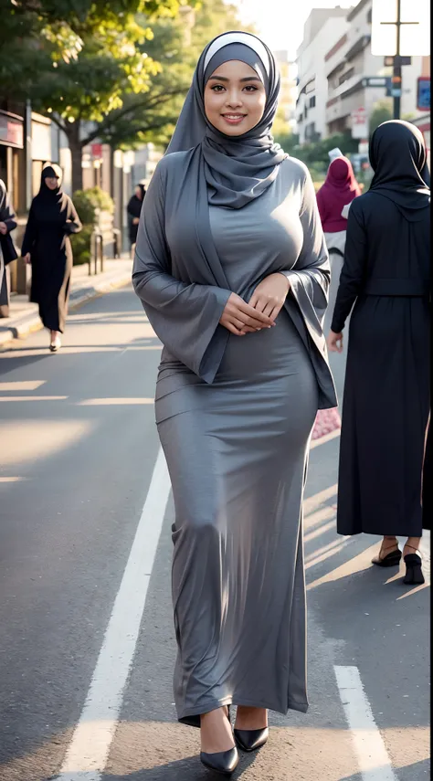 RAW, Best quality, high resolution, masterpiece: 1.3), Beautiful Malay woman in hijab (iu:0.8), wearing gamis, abaya, long gray turtle neck, flowing shawl, walking on a country road in the morning, catwalk, smiling at the audience , (big breasts),((full bo...