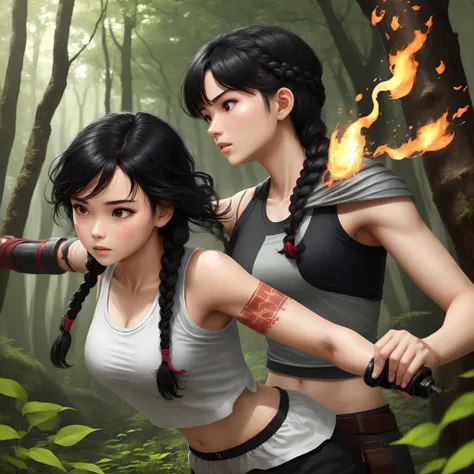 girl with fair skins and black hair in a braid around one shoulder, training her fire power in the forest