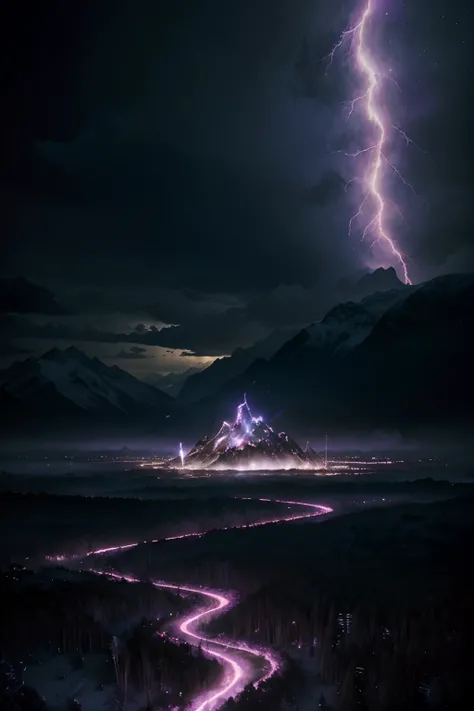 Snowy Mountains, utopian Swamp, Jungle, Water, Small island, realistic, solid ground area in lower part of picture, lightning strike, extreme aesthetic purple lighting all over the picture, shining utopian galaxy, utopia, dream world realistic, utopian cha...