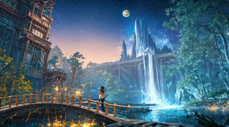 Masterpiece, high detail, 8k resolution, ConceptArt, scenery, water, sky, night, tree, stars, galaxy, moon, waterfall, outdoors, ruined building, nature, river, 1 woman, brunette, ponytail, trousers, a wanderer, fireflies, wooden bridge