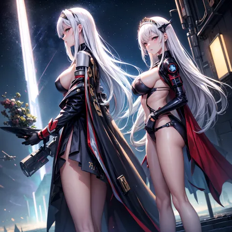 masutepiece, Best Quality, 4K, mechs, Starry sky, skyporn, Stars(skyporn), Cape,a beauty girl，huge tit，girl， head band, Slender legs, Long hair, White hair, Cyberpunk, depth of fields, Blurred background,