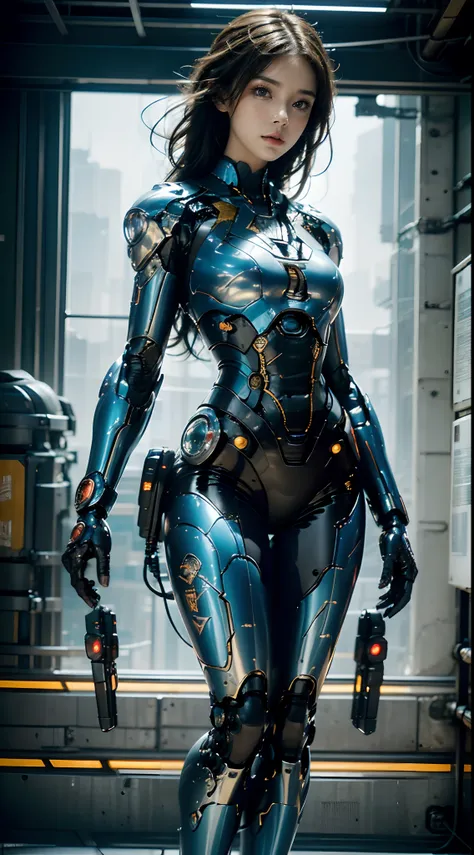 gorgeous artificial intelligence, beautiful woman with robot body, ultra photo realsisim, movie angle, blue neon blurred backgro...