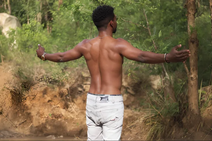 there is a man that is standing in the dirt with his arms out, amidst nature, in jungle forest, man is with black skin, in forest jungle, against the backdrop of trees, looking majestic in forest, in jungle forest !!!, jungles in the background, back pose,...