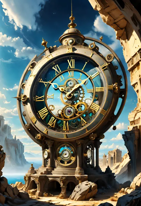 sitting in the midst of a huge rock ruin, the clear clock features dali style, ultra high definition, detail embellishments, per...