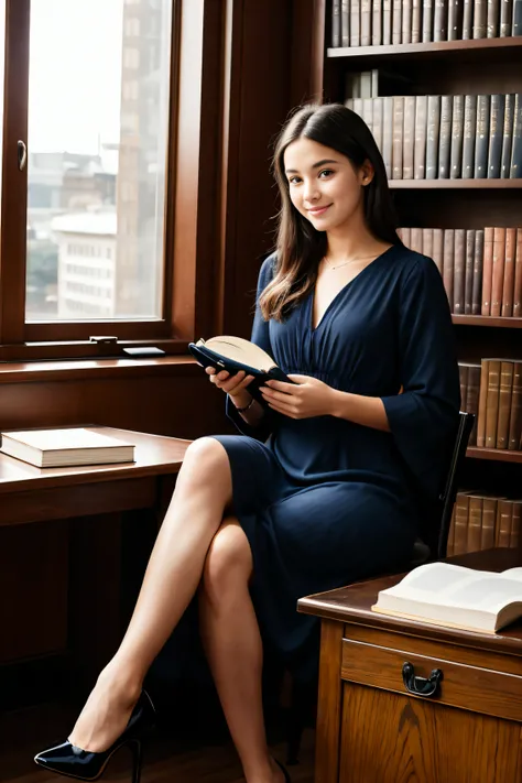 A studious girl, 20 years old, with a philosophical and stoic style, is sitting at a desk in a library. He is smiling and his blue eyes convey joy and knowledge. The library is full of books and has large windows that let in a lot of light. The girl is wea...