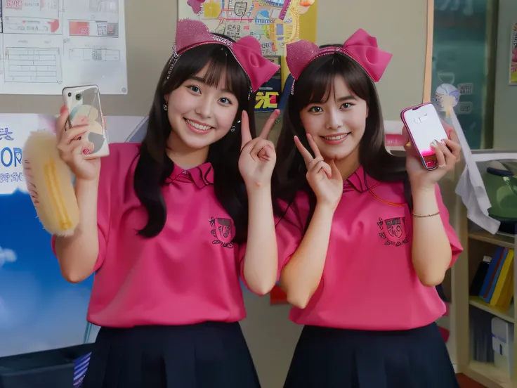 Two high school students in pink shirts and black skirts are holding up mobile phones in the classroom, two japanese schoolgirls posing, Japan for school gym clothes, Japanese high school students, Japan Classroom, japanese high school, japanese gym-suit, ...