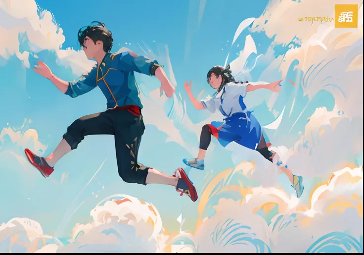 there are two people that are jumping in the air, running and falling on clouds, movie promotional image, advertising photo, still from a live action movie, ruan jia and fenghua zhong, kimi no na wa, promotional still, [ realistic photo ]!!, scene from liv...