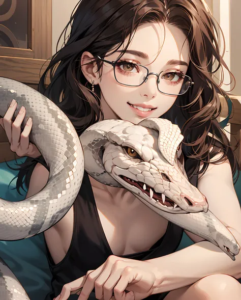 marvel comic pannel , short dark brown cruly hair , long eyelashes , white glasses , white skin , girl , smile , pretty , snake bites percings , brown almond eyes.