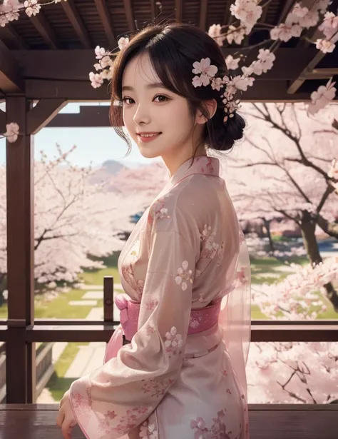 1girl, solo, smile, look away, beautiful see-through Yukata, delicate pattern, beautiful neck , complex background, cherry blossom   (masterpiece, best quality:1.2), scenery, 8k cinematic, golden ration, golden hour