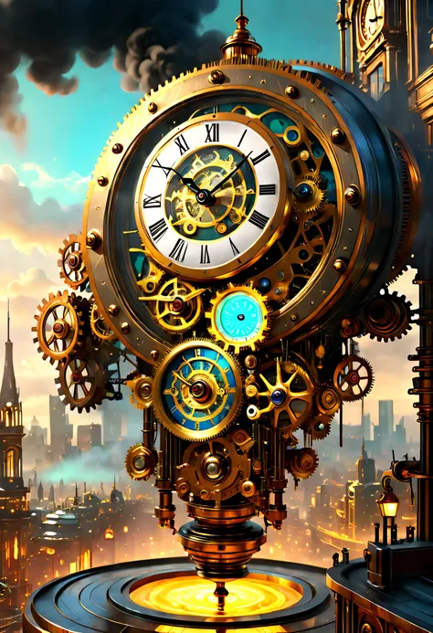 (Best quality,4K,8K,A high resolution,Masterpiece:1.2),Ultra-detailed,Realistic,(Mechanical clock:1.5),steampunc,Detailed gears and gears,shiny reflective surfaces,Dystopian cityscape background,Smoke and steam,Sharp focus,Vivid colors,Concept artist,color...