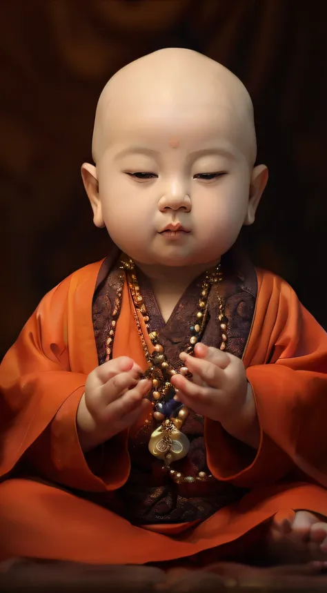 Aravi baby in monks robe sitting on table, author：Yu Zheding, Buddhist, peaceful expression, buddhist monk, yanjun cheng, Serene expression, monk clothes, author：Li Shixing, portrait of monk, author：Yang Borun, monk, portrait shooting, author：Li Meishu, lo...