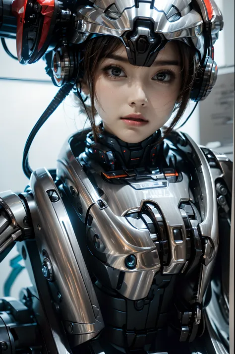 there is a woman wearing a helmet in a futuristic suit, girl in mecha cyber armor, retrato armored astronauta menina, perfect an...