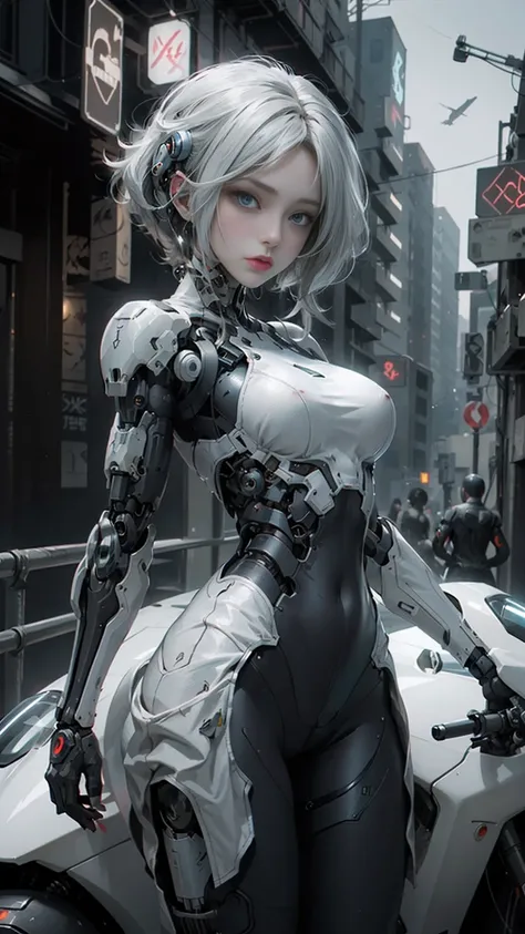 there is a woman in a futuristic outfit posing on a motorcycle, cute cyborg girl, beutiful white girl cyborg, wlop. scifi, oppai cyberpunk, perfect android girl, beutiful girl cyborg, perfect anime cyborg woman, smooth digital concept art, girl in mecha cy...