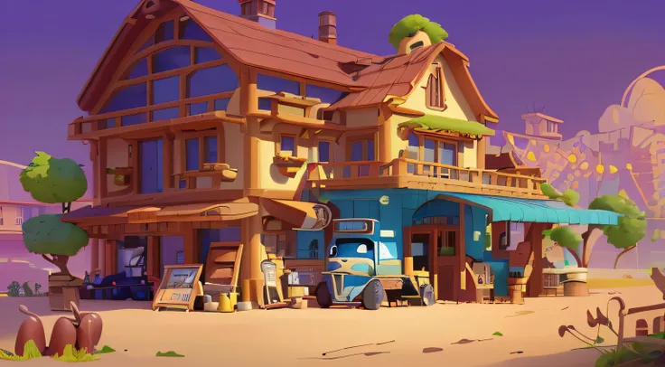 Masterpiece, top quality, cartoon, architecture, Pixar style, simple design, characters, tree wine and tan, mechanic, blank background