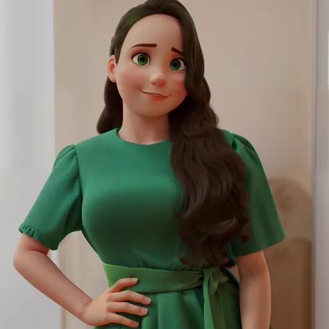 Menina de cabelo grande e liso, with a green dress and hand on waist