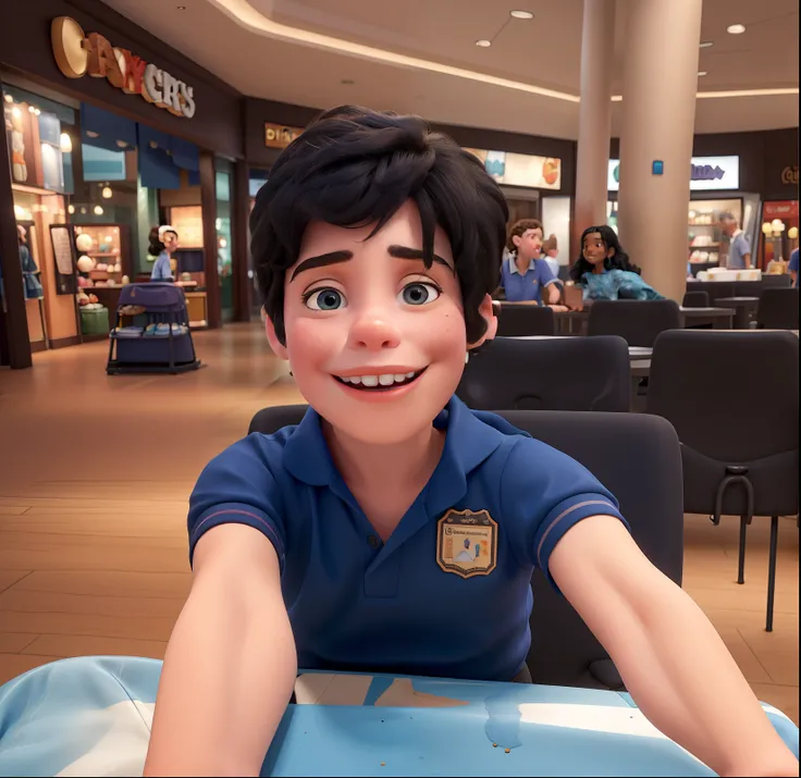 Disney Pixa Post - Im an 8 Year Old Child l, Im White and Im wearing a dark blue blouse Im at the mall my blouse has no details my hair is black straight and short Im sitting