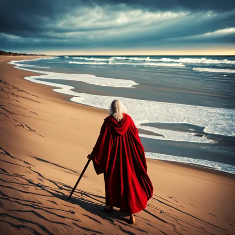 A realistic Moses from the back, with a red robe and white hair from the biblical story, holding a large flat wooden staff, walking on a sea that moves in waves, cinematic style.