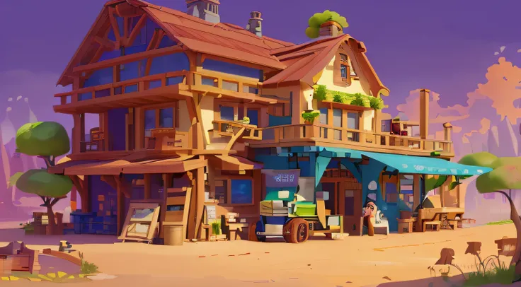 Masterpiece, top quality, cartoon, architecture, Pixar style, simple design, characters, tree wine and tan, mechanic, blank background