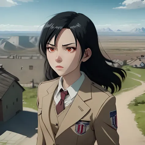 attack on titan screencap of a female with black hair and red eyes. Beautiful scenery behind her. She is wearing a suit. MAPPA, season 4