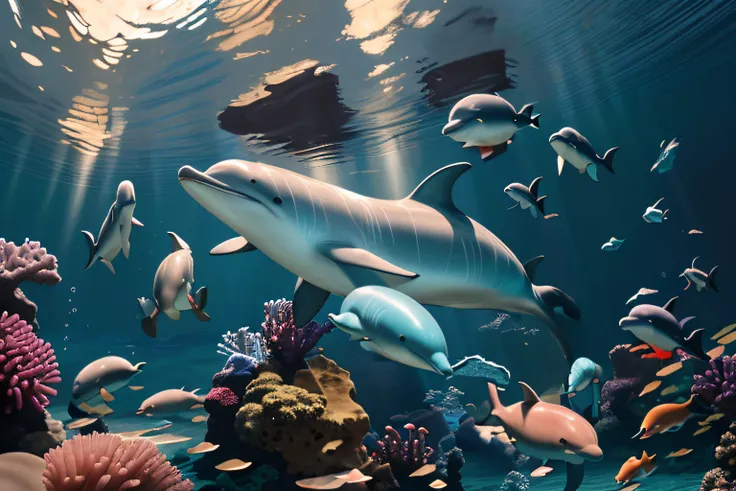 Colorful, Dolphins swim in trailing bubbles, The bubble trail leaves each dolphin fallow, Walk through the shallow waters of Hawaiis clear, blue Pacific Ocean, There are seaweed and rock formations, corrals, sea anemone, sponge, Play tags with each other, ...