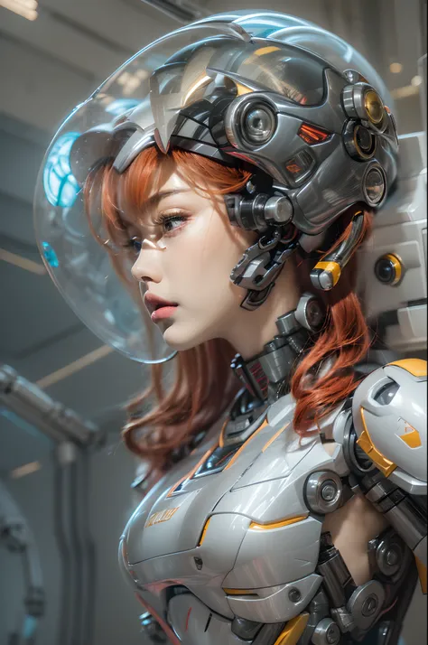 There is a woman wearing a helmet in a futuristic suit, girl in mecha cyber armor, Retrato Armored Astronauta Menina, perfect anime cyborg woman, female mecha, girl wearing robotic suit, Cute cyborg girl, beautiful girl cyborg, cosplayer dressed like a cra...