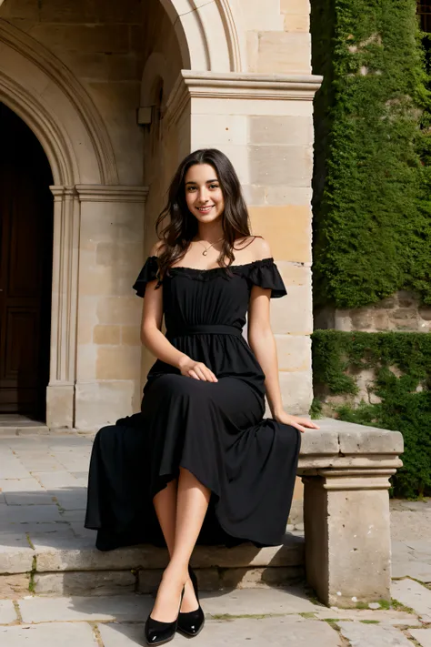 Full body of a beautiful, French girl, 25 years old, with a philosophical style, is sitting on a bench in a castle. He is smiling and his brown eyes convey knowledge. The girl is wearing a short, elegant black dress.