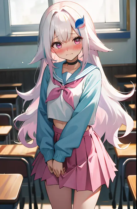 One girl with long wavy hair, white hair, looking at viewer, embarrassed, blushing, tears, indoor , classroom, light blue cardigan, pink sailor uniform, white shirts, pleated skirt , pink skirt, mini skirt, midriff, slim, dizzy, choker, mid-chest, wide hip...