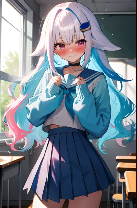 One girl with long wavy hair, blue hair, sidelocks, two-tone hair, white hair, colored inner hair, hair flaps, multicolored hair, looking at viewer, embarrassed, blushing, tears, indoor , classroom, light blue cardigan, pink sailor uniform, white shirts, p...