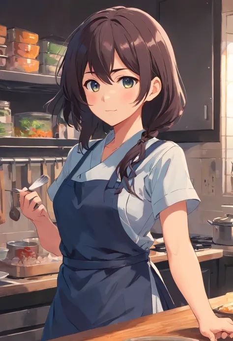 (Dark feeling)，((The upper part of the body))，A big woman，(Neat bangs，Long neat hair)，Aprons and shirts，A cat holding a gray and white stripe