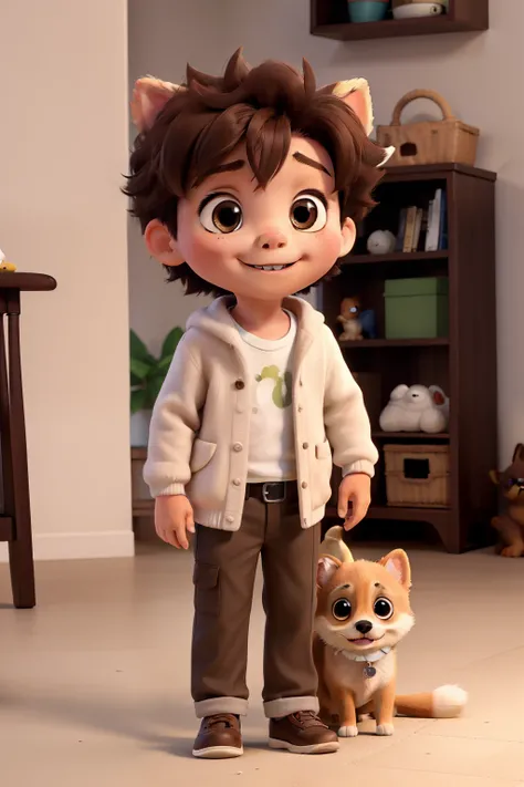 Child boy white brown eyes small thin mouth playing with a Pomeranian Lulu dog