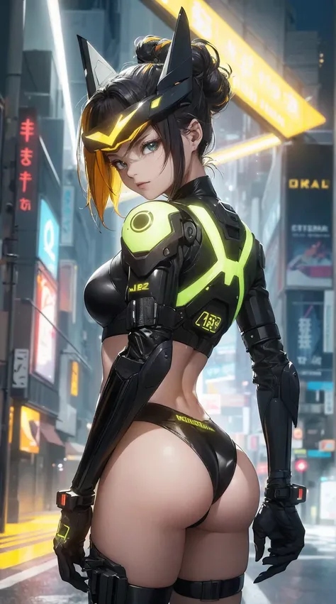 highest qualityr))、((obra maestra)、cyberpunked、large buttockss、arrodillarse、Electronic visor attached to the face of a 12-year-old girl with emphasis on the buttocks、Red latex body,Moda cyberpunk、Pose sexy、(Usar polainas amarillas en la parte inferior del ...