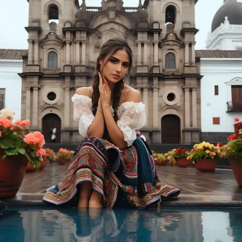 Mujer sentada en una piscina frente a una iglesia, Estilo Inca, Llevar un atuendo adornado, Aspecto peruano, Belleza tradicional, Mujer preciosa, Usar ropa inka, Mujer impresionante, Ropa tradicional, con un elegante atuendo tribal, hermosa dama, stunningl...