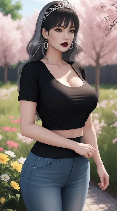 Lisa Ann anime 3d Photorealistc, high quality, silver chest armor, full make up, huge eyelashes, large earrings, Black t-shirt, Dark lips, outdoor, sunlight, flowers on tiara