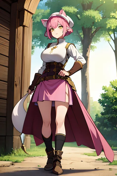 1 girl, demihuman, weasel ears, weasel tail, short hair, pink hair, yellow eyes, big breast, medieval armor with skirt, wool hat.