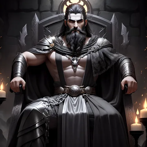 Greek God of the Underworld Hades, dark smoke filled room, black hair, black cape, sitting on a throne, black and silver armor, pointed beard