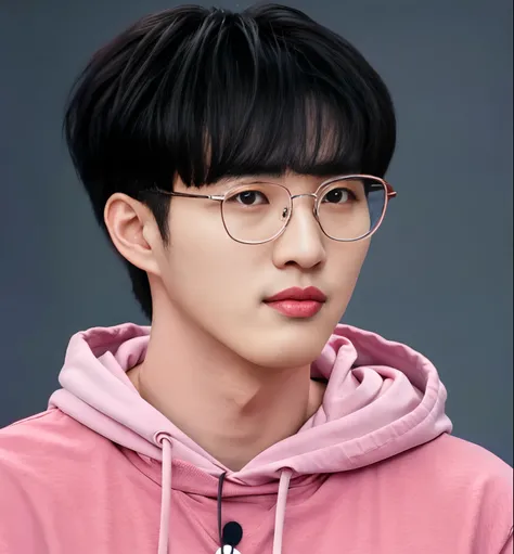 A closeup of a person wearing glasses and a pink hoodie, Jinyoung Canela, Hyung Tae, Hong June Hyung, wan adorable korean face, TaeJune Kim, Sul Coreano Masculino, Yoongi de cabelos pretos, Retrato de Jossi de Blackpink, portrait of kpop idol, With eye Gla...