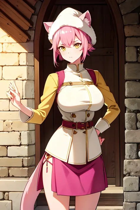 1 girl, demihuman, weasel ears, weasel tail, short hair, pink hair, yellow eyes, big breast, medieval armor with skirt, wool hat.